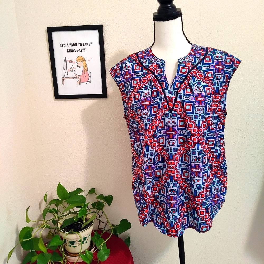 Liz Claiborne Petite Medium Tahitian Tribal Blouse Colorful Blue Piping Summer